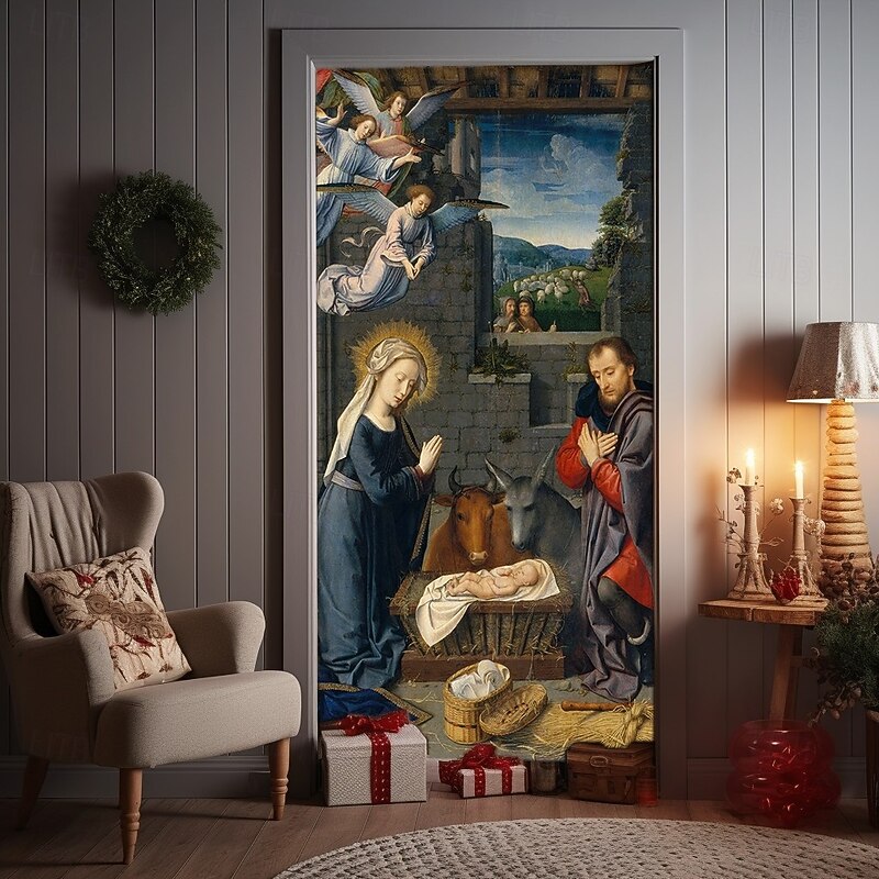 Christmas Door Cover Winter Holiday Decoration Drapes Featuring Jesus Nativity Scene Print for Home Entryway Living Room Bedroom Indoor Outdoor Festive Seasonal Religious Home Decor2