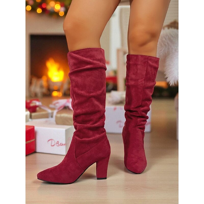 Women's Red Suede Slouch Knee High Boots with Block Heels, Chic Winter Fashion Footwear for Christmas Parties, Holiday Outfits & Daily Wear3
