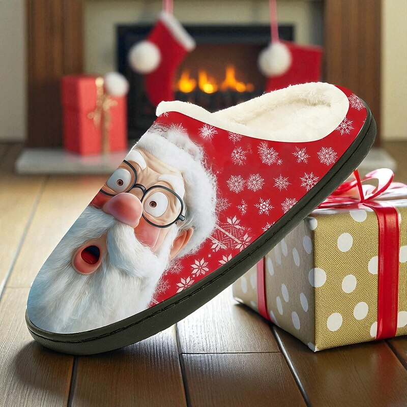 Men's Santa Claus Print Fleece Slippers, Funny Christmas Cartoon Indoor Shoes, Warm Plush House Slippers Perfect for Winter Holidays & Gift Giving