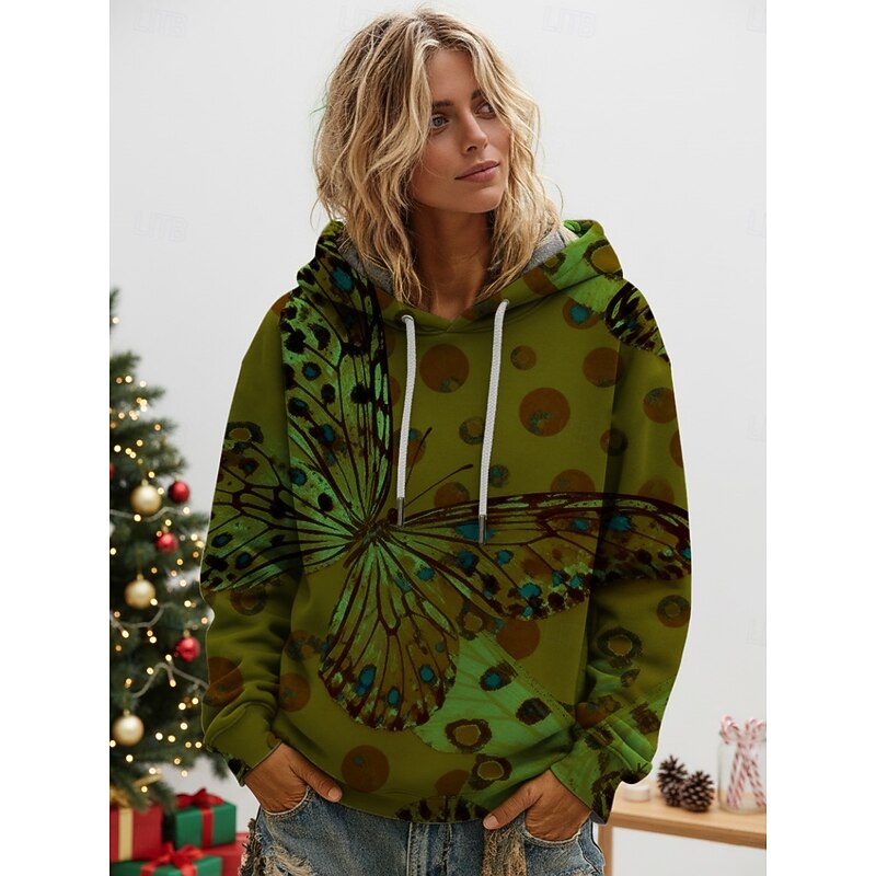 Women's Pullover Hoodies Floral Butterfly Fashion Streetwear Casual Long Sleeve Hooded Regular Tops Dailywear Casual Drawstring Print Orange Green Spring Fall Winter3