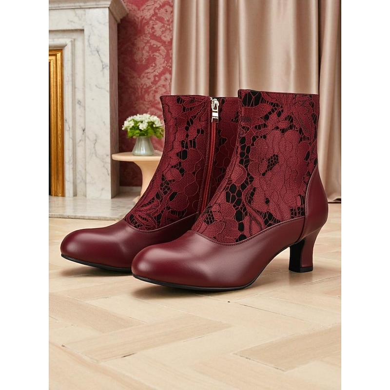 Women's Burgundy Faux Leather Lace Ankle Boots, Victorian 1910s Vintage Edition Witch Boots with Mid Heels for Retro Outfits, Cosplay, Weddings & Elegant Parties - Main Image
