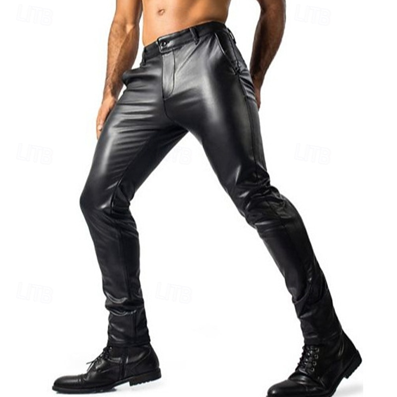 Men's Trousers Faux Leather Pants Casual Pants Pocket Plain Wearable Moisture Wicking Full Length Party Casual Daily Fashion Streetwear Black Grey Micro-elastic