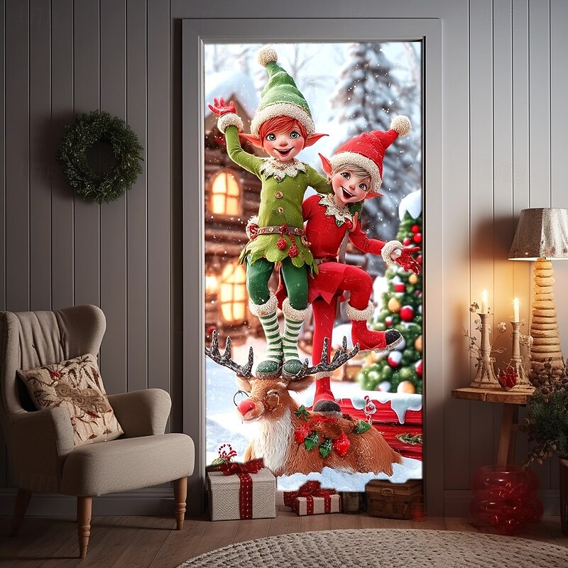 Christmas Door Cover Winter Holiday Decoration Drapes with Christmas Elf Reindeer Cozy Holiday Cabin and Christmas Tree Print for Home Entryway Living Room Bedroom Indoor Outdoor4