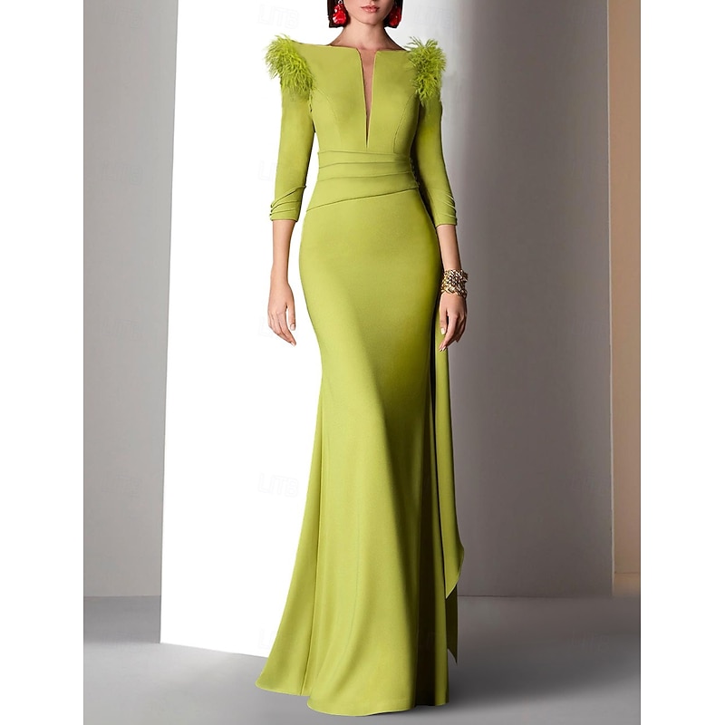 Mermaid Wedding Guest Feather Dress Beach Wedding Evening Gown Elegant Formal Fall Floor Length 3/4 Length Sleeve V Neck with Ruched Ruffles  dress to impress