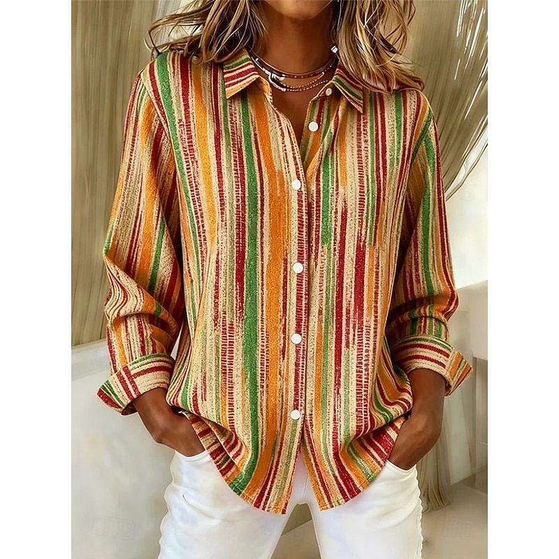 Women's Shirt Blouse Graphic Geometric Striped Casual Long Sleeve Shirt Collar Regular Tops Daily Patchwork Buttons Print Blue Orange Green Spring Fall Winter