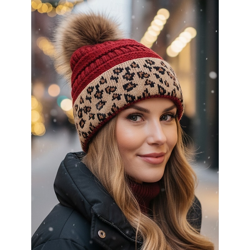 Women's Christmas Knit Beanie Hat with Faux Fur Pom Pom, Warm Leopard Print Winter Cap, Stylish Holiday Accessory for Outdoor & Festive Outfits2