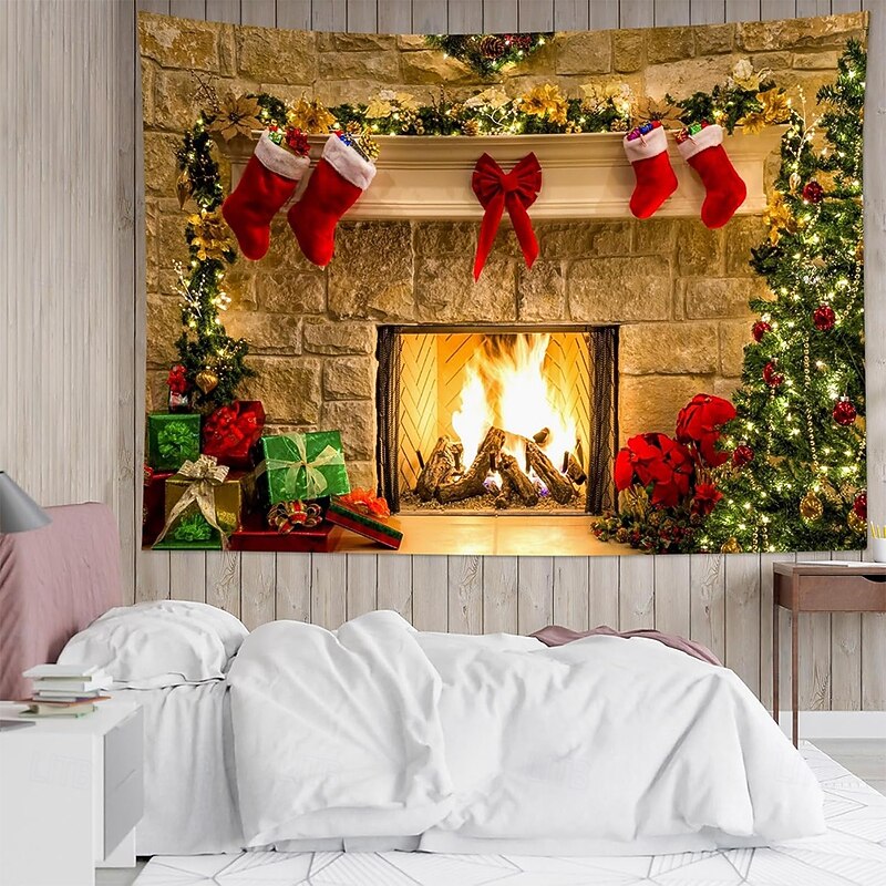 Christmas Tapestry Banners Blanket Ornaments Fireplace 3D Cozy Party Living Room Dorm Shooting Backgrounds Yard Gift Home Decor4