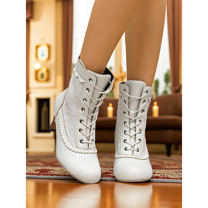 Women's White Victorian Lace-Up Ankle Boots with Low Heels and Scalloped Trim, 1920s Vintage Retro Edwardian Style Fashion Shoes for Daily Wear, Cosplay & Wedding Outfits4