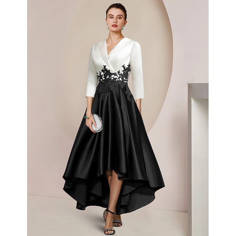 A-Line Mother of the Bride Dress Tuxedo Dress Formal Wedding Guest Elegant High Low Shirt Collar Asymmetrical Tea Length Satin Lace with Appliques Color Block Race Day Dress