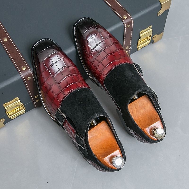 Men's Burgundy Crocodile-Pattern Monk Strap Shoes with Double Buckles, Elegant Business Dress Shoes for Formal Events and Parties4