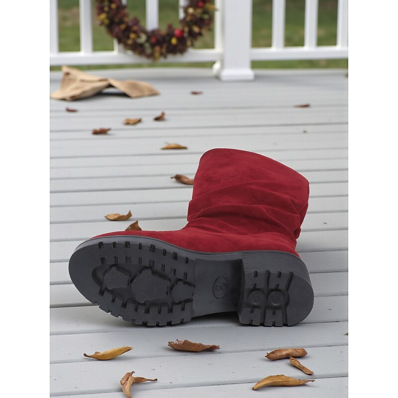 Women's Burgundy Faux Suede Slouchy Boots with Non-Slip Sole, Casual Mid Calf Boots for Christmas, Outdoor & Everyday Wear4