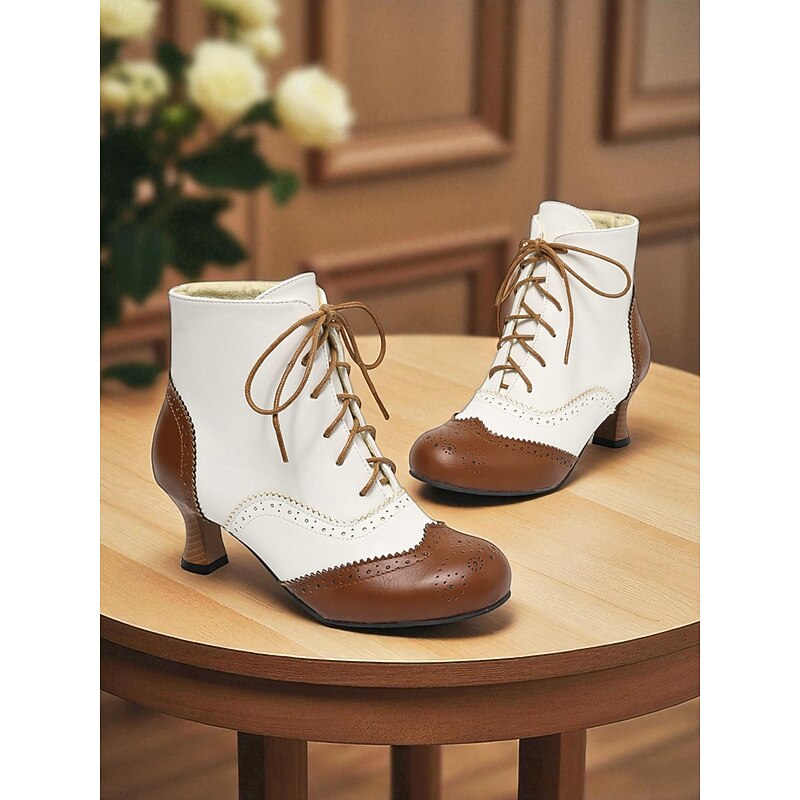 Women's White and Black Victorian Edwardian Style Lace-Up Ankle Boots with Brogue Detailing and Kitten Heel - Vintage Dress Boots for Ladies, Perfect for Cosplay, Steampunk & Historical Reenactments
