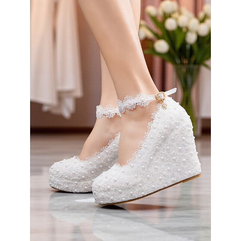Women's White Pearl Lace Wedge Heels - Elegant Ankle Strap Platform Pumps for Weddings and Formal Occasions3