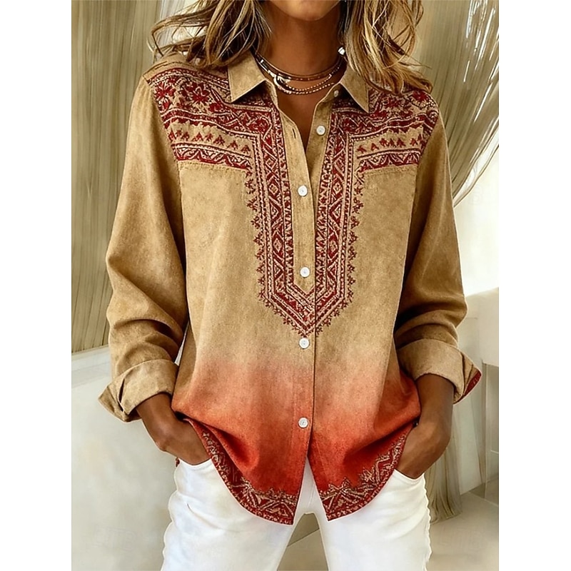 Women's Shirt Blouse Floral Graphic Geometric Bohemia Vintage Casual Long Sleeve Shirt Collar Regular Tops Daily Patchwork Buttons Print Orange Brown Green Spring Fall Winter2