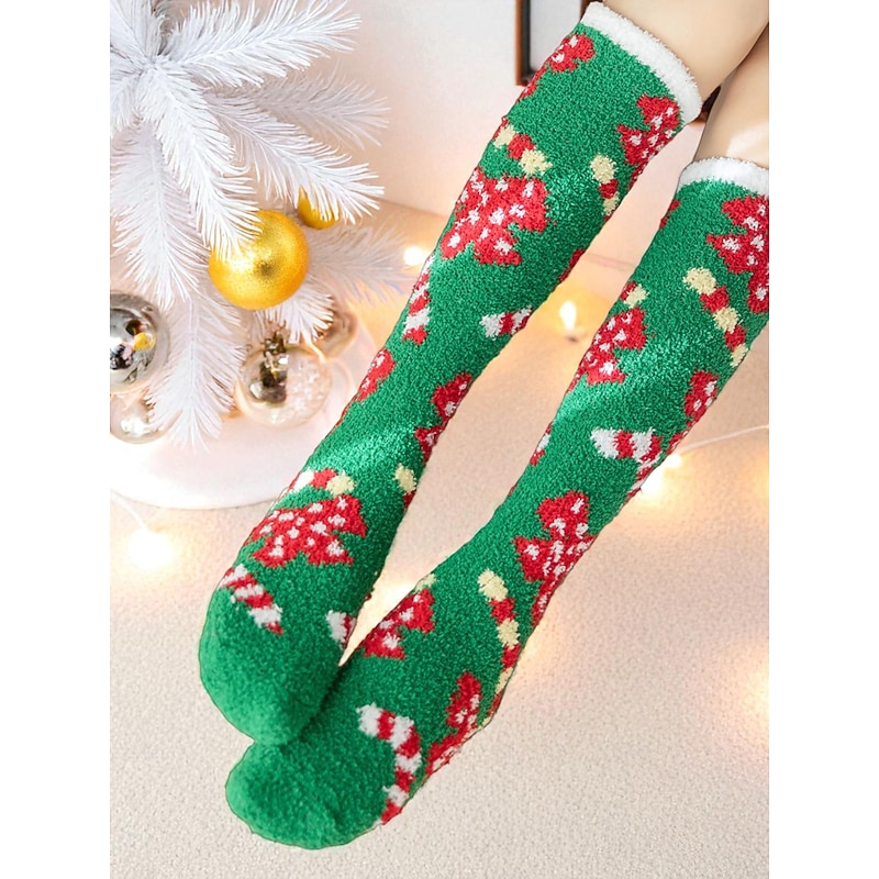Women's Christmas Fuzzy Knee High Socks, Warm Cozy Winter Homewear Stockings with Festive Red Green Star Pattern for Holiday Lounging & Gifts3