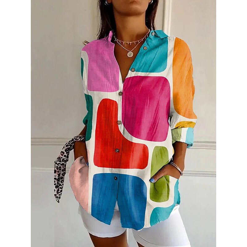 Women's Shirt Graphic Geometric Stylish Modern Casual Long Sleeve Bishop Sleeve Shirt Collar Regular Tops Daily Holiday Print Black Purple Orange Fall Winter3