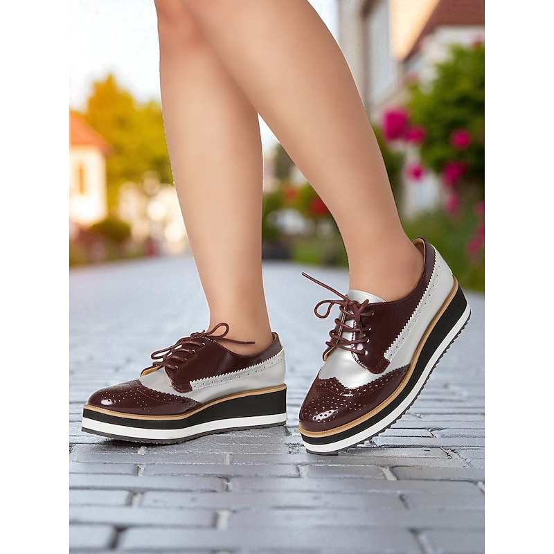 Women's Burgundy and White Patent Faux Leather Oxford Platform Shoes with Brogue Detailing - 1950s Vintage Chunky Lace-Up Dress Shoes for Ladies, Perfect for Parties, Work & Casual Fashion4