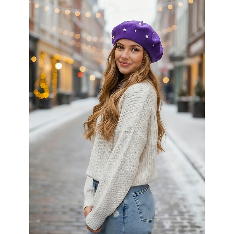 Women's Christmas Faux Cashmere Beret Hat, Elegant Pearl Embellished Winter Hat, Soft Warm French Style Cap for Holiday, Party and Daily Wear, Multi-Color Options3
