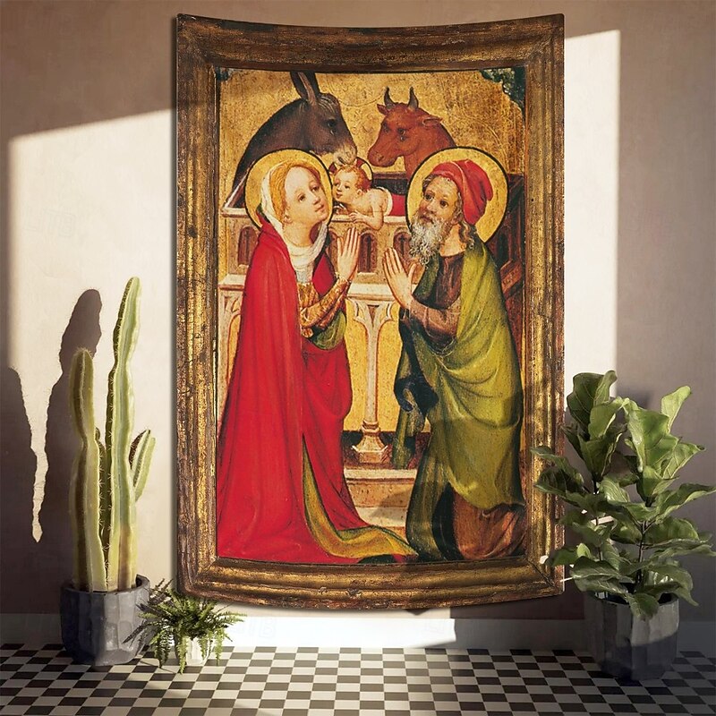 Christmas Hanging Tapestry Jesus Birth Nativity Scene Oil Painting Style  Large Wall Art Mural Decor Blanket Curtain Holiday Home Bedroom Living Room Religious Celebration Decoration Festive Ornament3