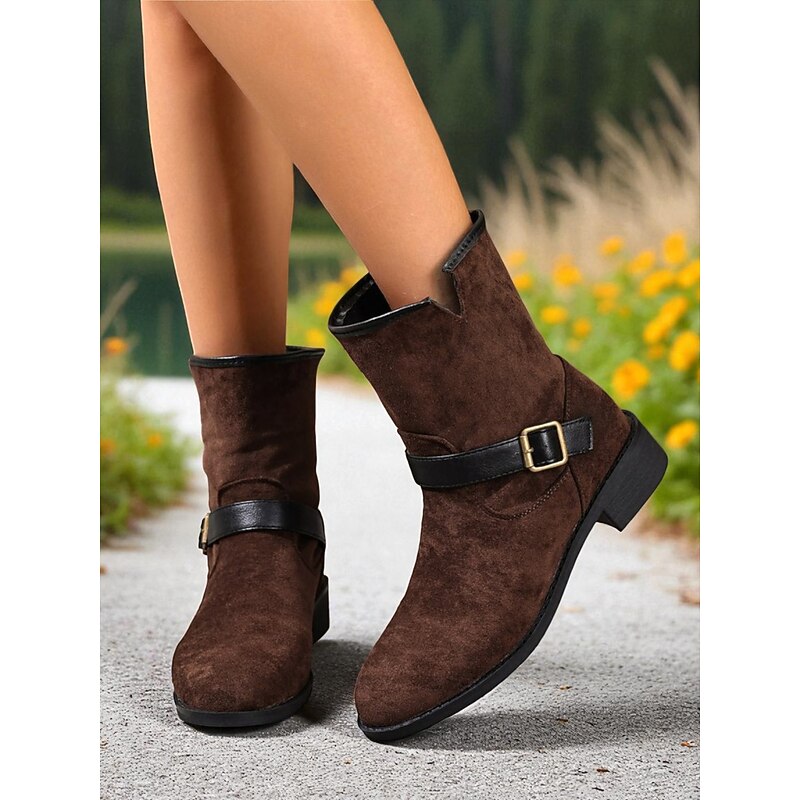 Women's Dark Brown Faux Suede Mid-Calf Boots with Black Buckle Straps, City Nomadic Style Outdoor Riding Boots for Fall Winter Casual Wear2
