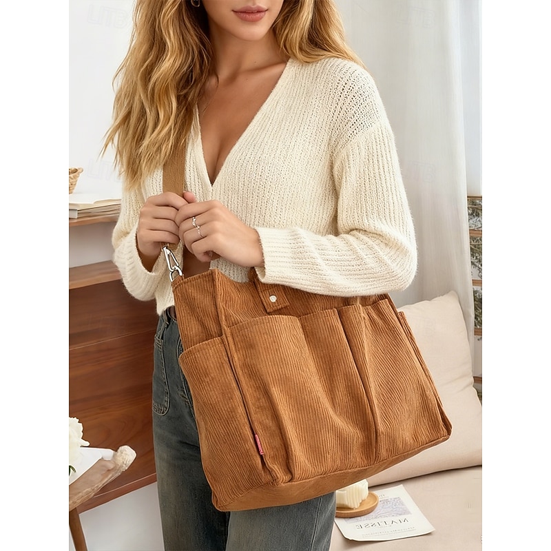 Women's Corduroy Tote Bag with Multiple Pockets, Casual Vintage Shoulder Handbag, Large Capacity Crossbody Purse for Daily Use, Work, Travel & Shopping2