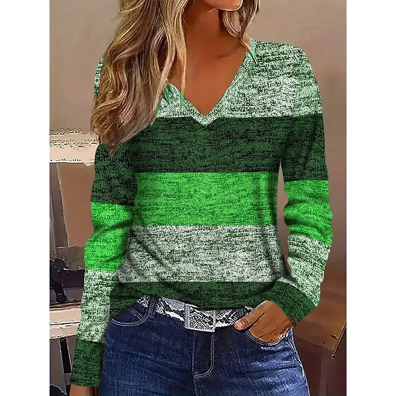 Women's T Shirt Graphic Geometric Vintage Stylish Classic Long Sleeve V Neck Regular Tops Daily Print Blue Purple Brown Green Spring Fall4