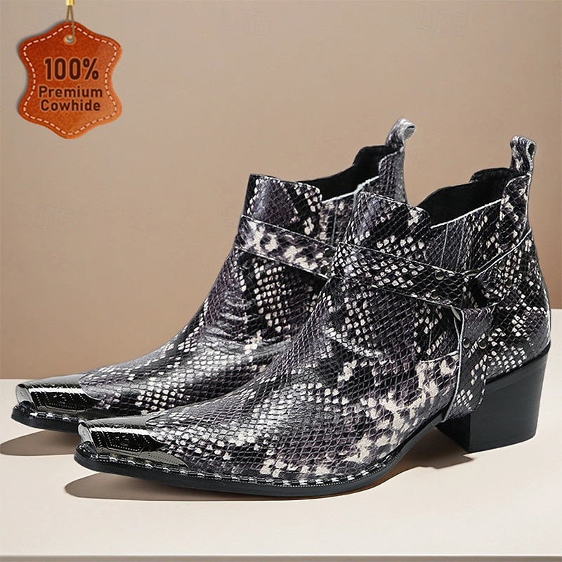 Men's Black and White Genuine Leather Snake Pattern Cowboy Boots with Side Zipper and Buckle Straps, 100% Cowhide Western Boots for Concerts and Parties
