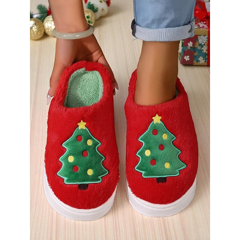 Women's Christmas Tree Plush Slippers – Warm Fleece Indoor Shoes for Winter, Holiday and Home Relaxation2