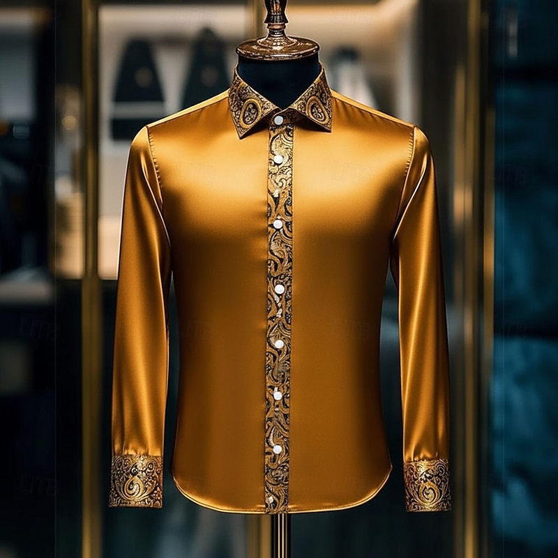 Men's Paisley Floral Print Ethnic Shirt Satin Shirt Dress Shirt Long Sleeve Vintage Retro Vacation Dailywear Summer Spring Fall Turndown 3D Print Button Up Shirts Black Gold