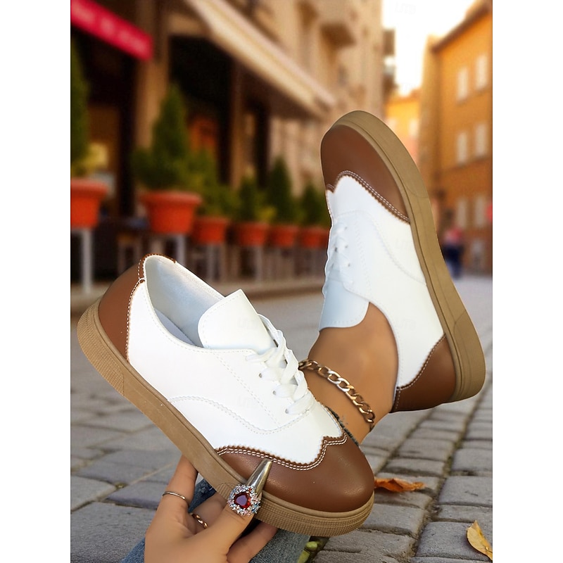Women's Brown and White Oxford Style Casual Sneakers - Retro Lace-Up Comfortable Walking Shoes for Daily Wear, Travel & Outdoor Activities