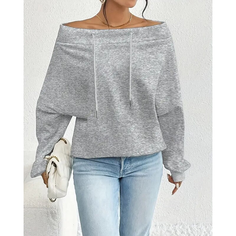 Women's Pullover Sweatshirts Plain Streetwear Casual Long Sleeve Off Shoulder Regular Tops Street Dailywear Casual Drawstring Black White Light Grey Spring Fall4