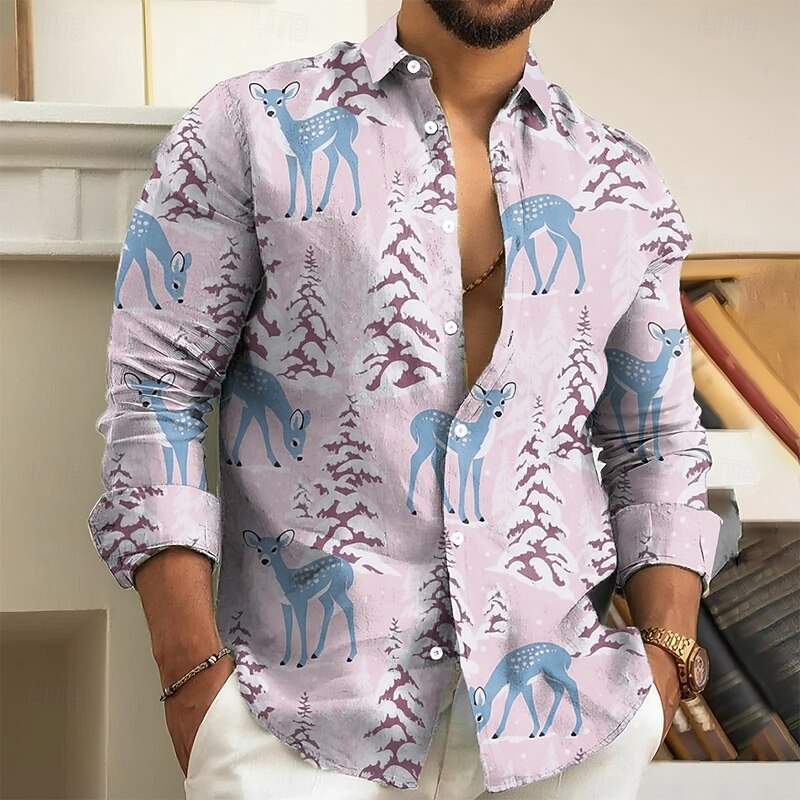 Men's Tree Reindeer Snowflake Shirt Button Up Shirt Long Sleeve Vintage Retro Holiday Casual Daily Spring Fall Turndown 3D Print Collared Shirts Light Green Light Purple4