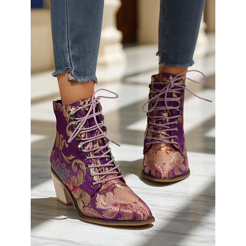 Women's Purple Jacquard Lace-Up Ankle Boots with Floral Embroidery and Low Block Heel - 1920s Vintage Bohemian Style Boots for Ladies, Perfect for Festivals, Gatsby Parties & Casual Fashion2