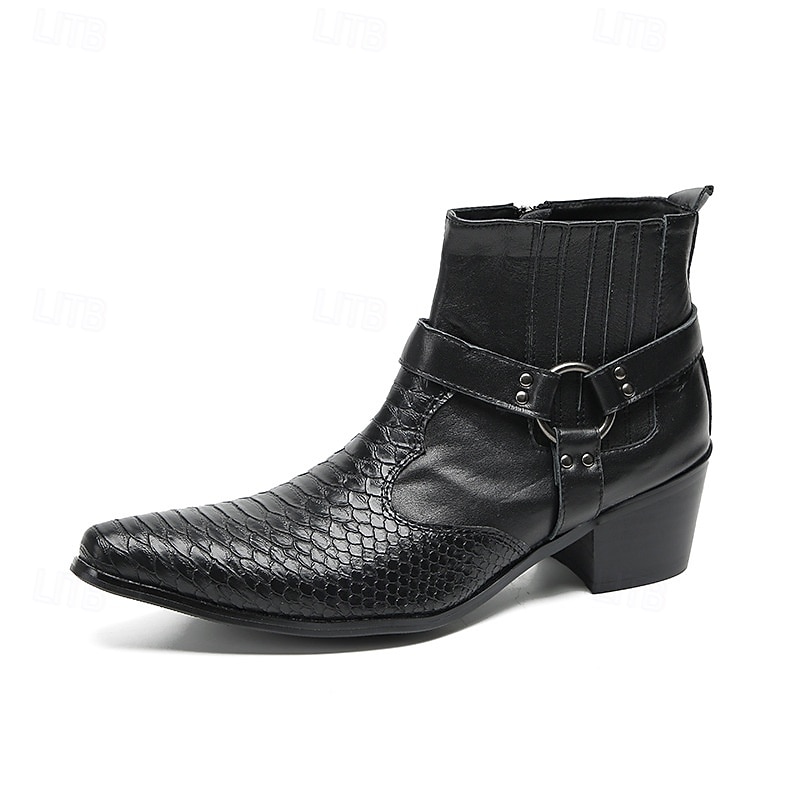 Men's Black Genuine Leather Harness Boots with Crocodile Pattern and Block Heel, Cowhide Motorcycle Cowboy Boots for Stage, Club and Gothic Fashion3