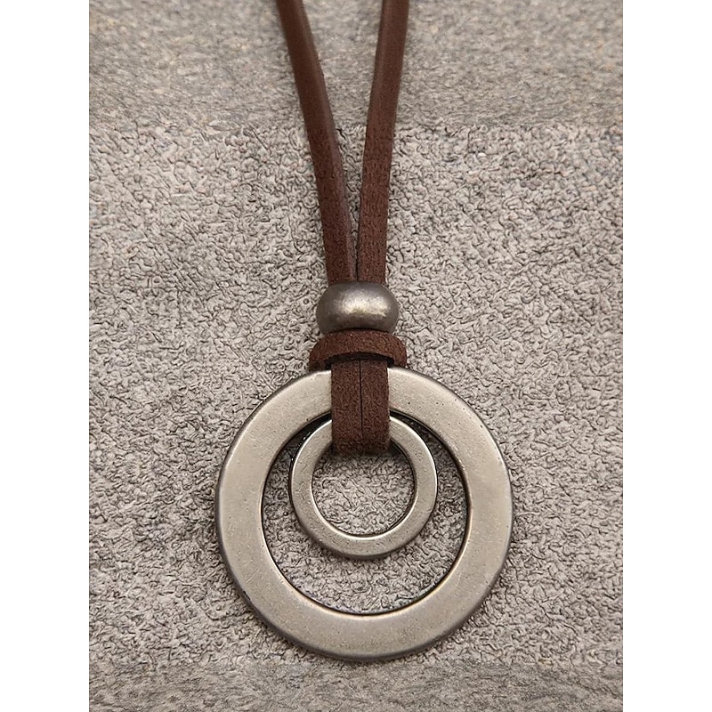 Men's Adjustable Leather Cord Necklace with Double Circle Pendant – Vintage Casual Jewelry for Everyday Wear and Outdoor Style