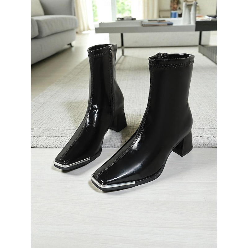 Women's Black Patent Faux Leather Ankle Boots with Square Toe and Block Heels, Modern Chic Fashion Booties for Casual Outfits, Office Wear & Night Out3