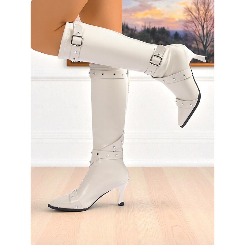 Women's Black Knee High Boots with Studded Buckle Straps and Pointed Toe, Gothic Punk Fashion Heeled Boots for Night Out & Cosplay Parties