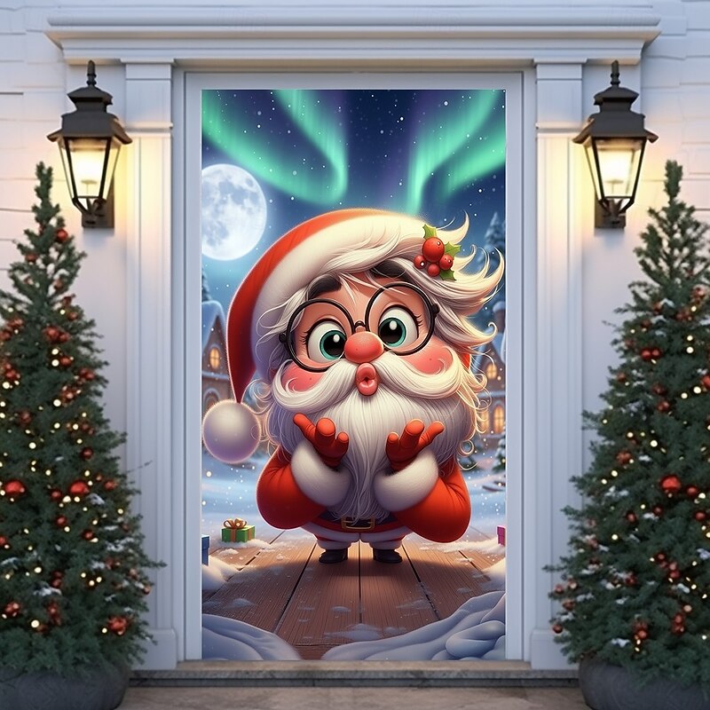 Christmas Door Cover Animated Style Holiday Decoration Drapes with Santa Claus Aurora Borealis and Snowflakes Print for Home Entryway Living Room Bedroom Indoor Outdoor Festive Seasonal Decor3