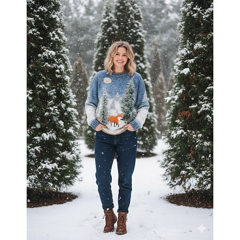 Women's Sweater Vintage Sweater Animal Pullover Daily Casual Graphic Animal Ribbed Crew Neck Knitted Print Long Sleeve Regular Tops Knit Outdoor Weekend Blue Fall Winter2