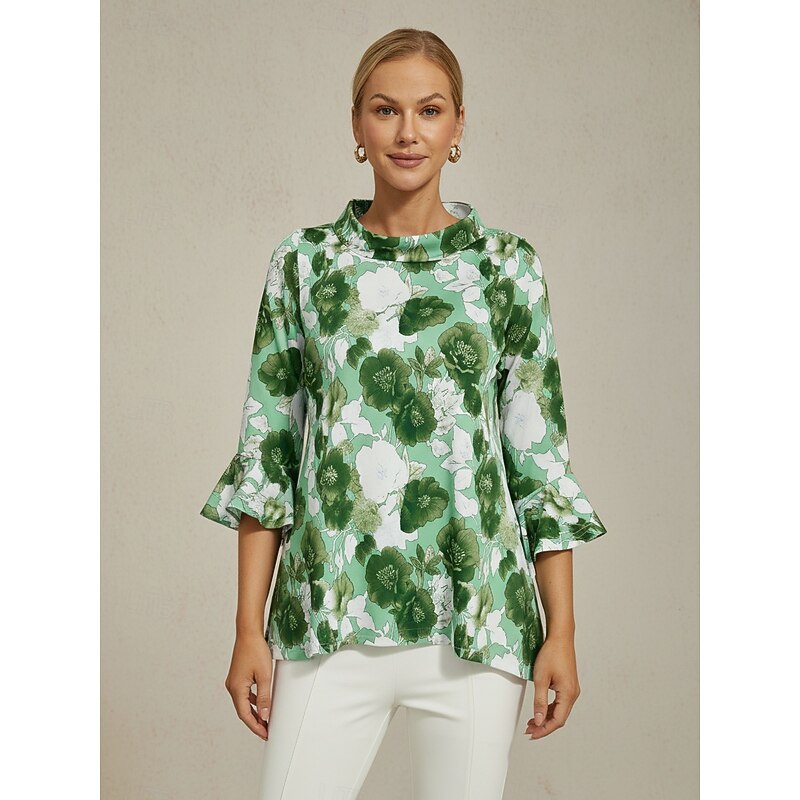 Women's Blouse Green Floral Print Off Shoulder Patchwork 3/4 Sleeve Casual Elegant Spring Summer3