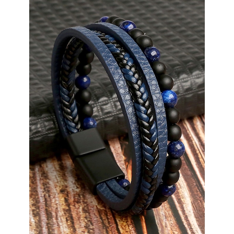 Men's Alloy Faux Leather Beaded Bracelet Set, Multi-Layer Braided Wristband with Magnetic Clasp, Fashion Punk Jewelry for Casual, Party & Gift