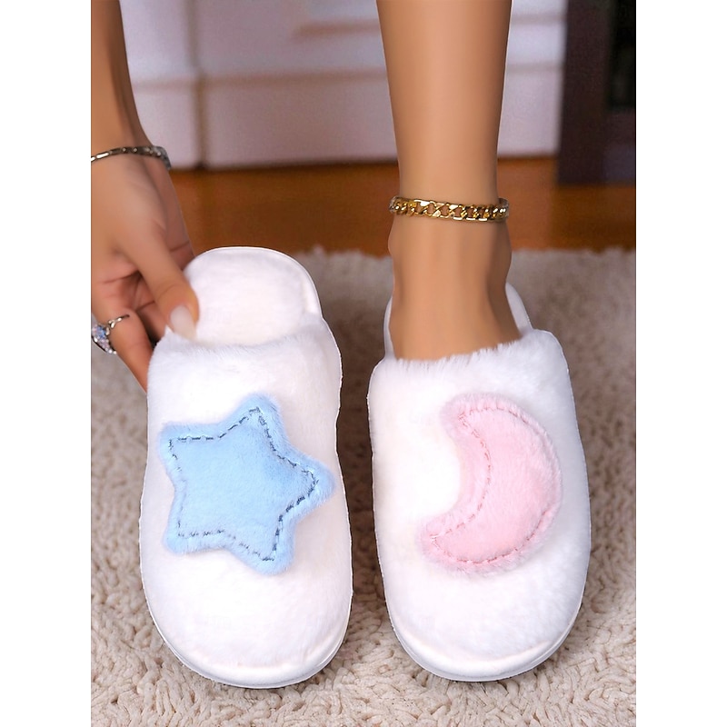 Women's White Plush Indoor Slippers with Star and MoonDecoration, Soft Warm Fleece Lining, Cute Cozy House Shoes for Winter Bedroom & Home Wear4