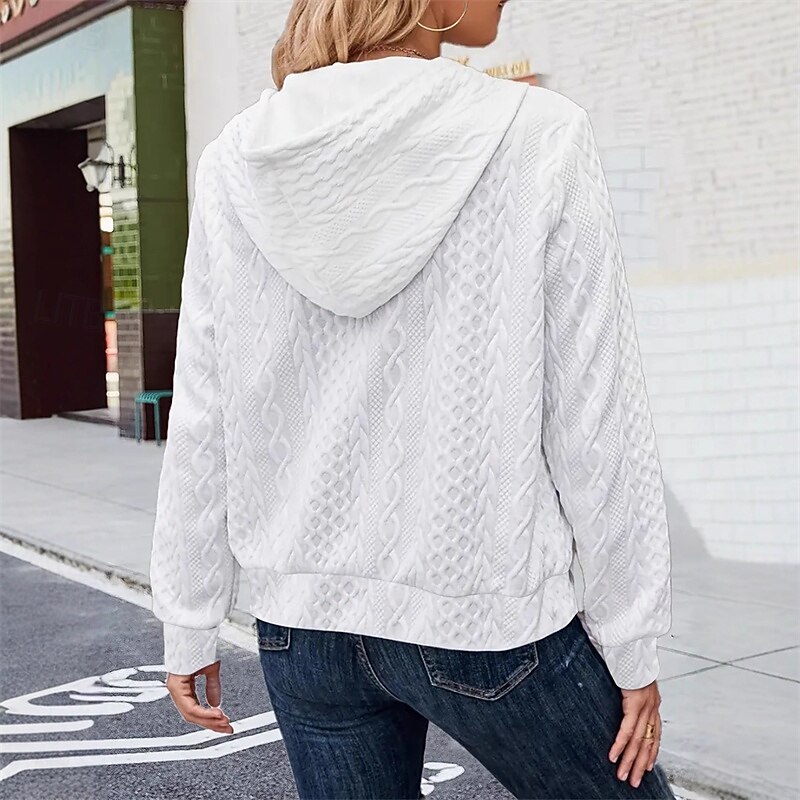 Women's Textured Jackets Pullover Sweatshirt Plain Sports Fashion Casual Long Sleeve Hooded Regular Tops Street Dailywear Zipper White Spring Fall3