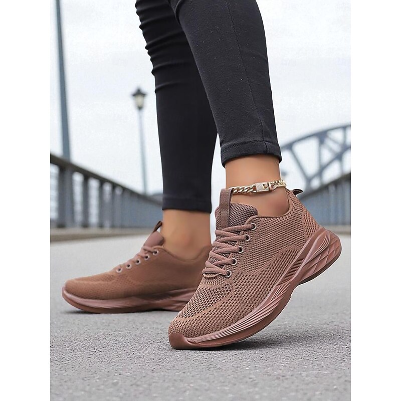 Women's Coffee Flyknit Lace-Up Sneakers with Breathable Mesh Upper and Cushioned Sole, Lightweight Casual Walking Shoes for Running, Travel & Everyday Wear2