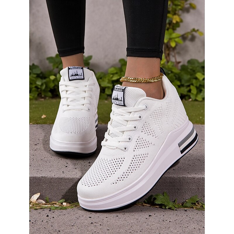 Women's White Platform Sneakers with Breathable Flyknit Mesh, Lightweight Lace-Up Casual Walking Shoes for Everyday Wear, Travel & Outdoor Activities3