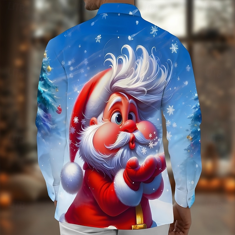 Christmas Men's Santa Claus Snowflake funny christmas Shirt Button Up Shirt Long Sleeve Funny Holiday Spring Fall Turndown 3D Print Collared Shirts Front One Pocket Red Blue Gold2
