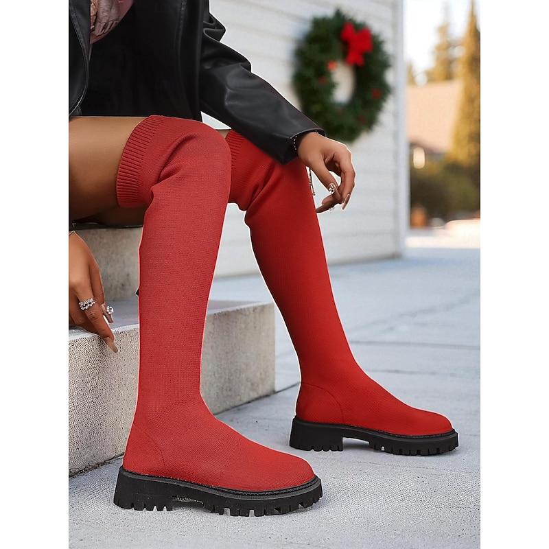 Women's Red Over-the-Knee Boots with Chunky Non-Slip Soles, Stretchy Sock Style Fashion Winter Booties for Casual Outfits, Christmas Parties & Streetwear3