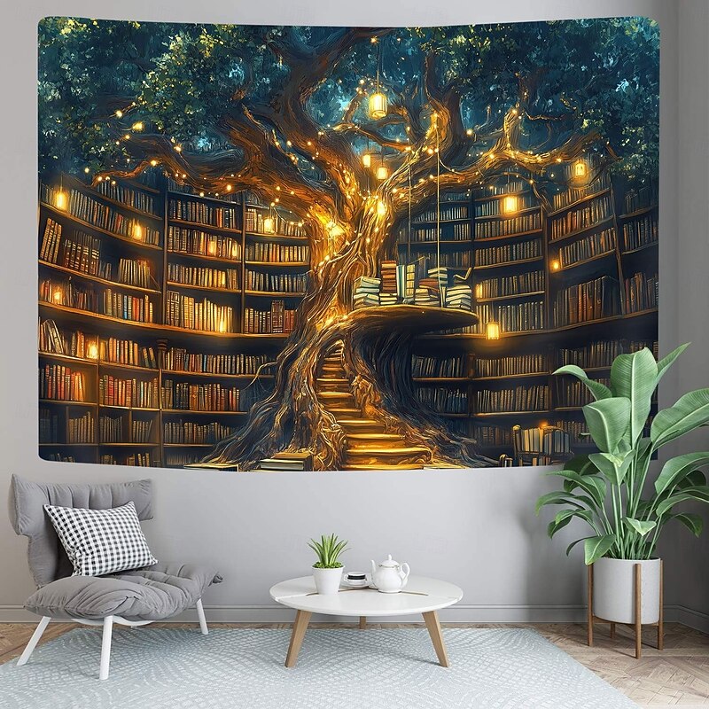 Tree of Life Hanging Tapestry Glowing Tree Bookshelf Warm Light Large Wall Art Mural Decor Blanket Curtain Home Bedroom Living Room Reading Nook Decoration4