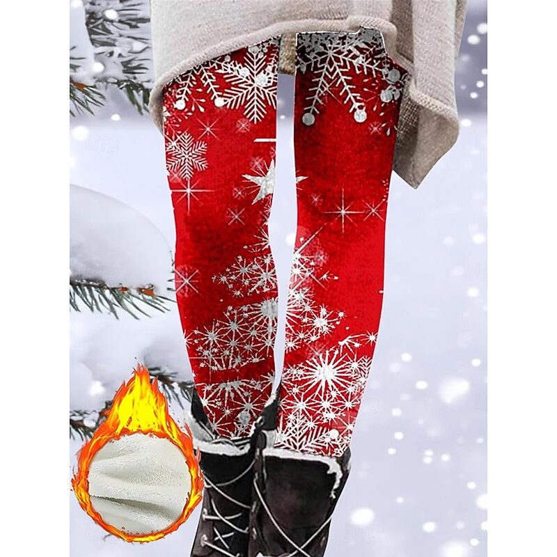 Christmas Women's Leggings Cozy Leggings Vacation Vintage Fashion Full Length High Waist Pants Graphic Snowflake Printing Fleece Thermal Warm Comfy Stretchy Outdoor Casual Daily Winter claret