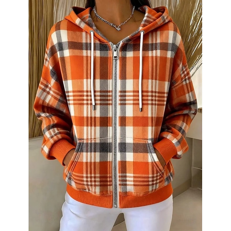 Women's Zip Up Hoodies Graphic Plaid Fashion Casual Long Sleeve Hooded Regular Tops Street Dailywear Zipper Pocket Print Orange Brown Spring Fall Winter2
